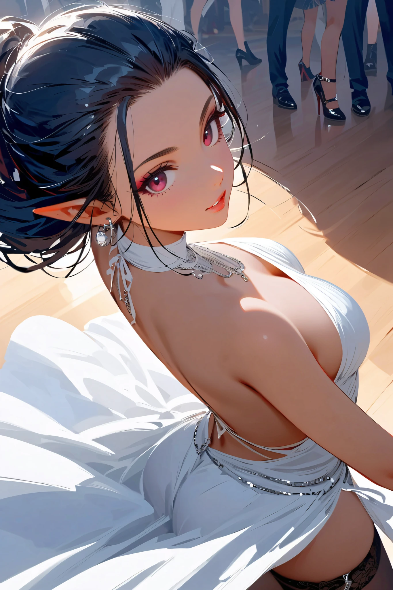 (masterpiece, best quality:1.2), 1 girl, unique, tanned skin, gyaru woman, eyeliner, detailed beautiful glistening pink eyes, long white backless dress, lip gloss, pointy ears, dark elf, heel boots, stockings, slicked back black hair, , tan skin, black elf, makeup, bimbo, dynamic shot of dancing in ballroom, (from above: 1.0), close-up