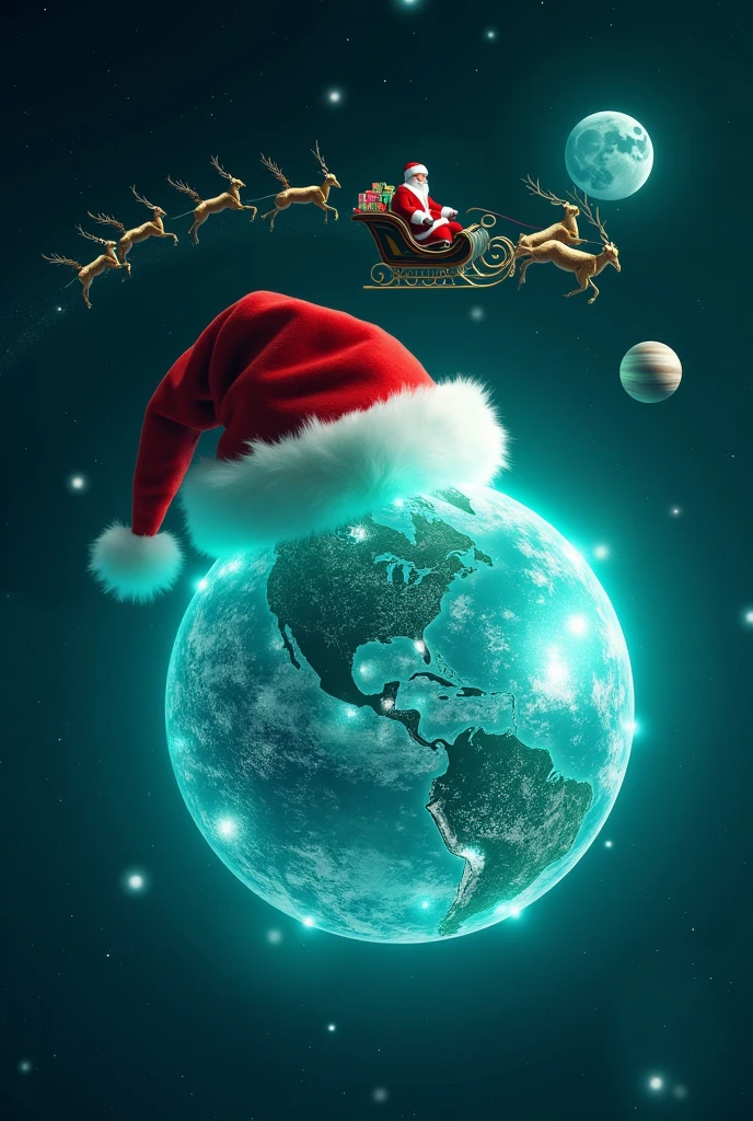 futuristic, digital, a large red Santa hat, complete with a fluffy white trim, perched atop a bright, transparent glowing blue-green planet, the crystal earth. 

the floating Earth is in nighttime with brightly lit cities across the continents. Above the image, the words Merry Christmas & Happy New Year 2025 appears in a glowing, elegant font, blending seamlessly with the cosmic theme. 
Beneath the floating planet, floating earth, the tiny silhouette of horned animals pulls a classic sleigh filled with wrapped gifts, with someone sitting on it, seemingly Santa Claus, soaring across the planet's surface.. Background is cosmic, galaxy, milky way with planets of varying sizes, including Jupiter, Saturn, and others, with the Moon in the upper right third of the photo, enhancing the beauty of the earth - the main subject of the photo, glowing brightly with a radiant and sparkling effect, glowing fairy lights are scattered throughout the design