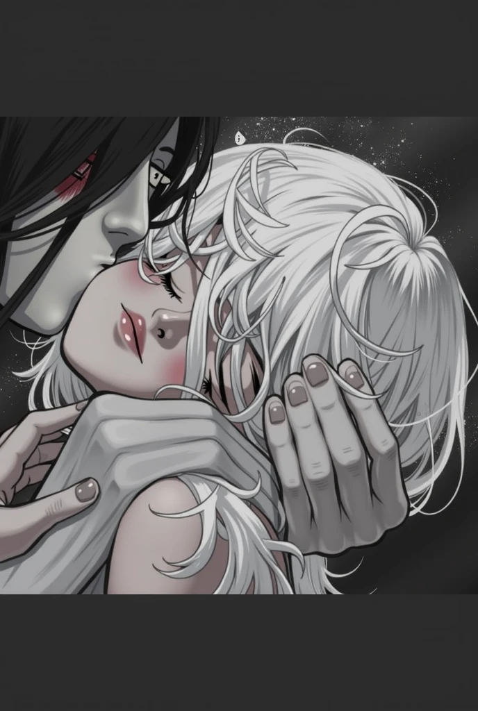 Ridiculous, high resolution, super detailed), 2 girls, (side view, glowing, long straight white hair, holding onto other girl), (laying down, stomach up, long messy glowing curly hair, closed eyes, closed mouth, being held by girl), couple, mature, elegant, highest detail, dark water, black swimsuit, SFW, long sharp nails, long hair