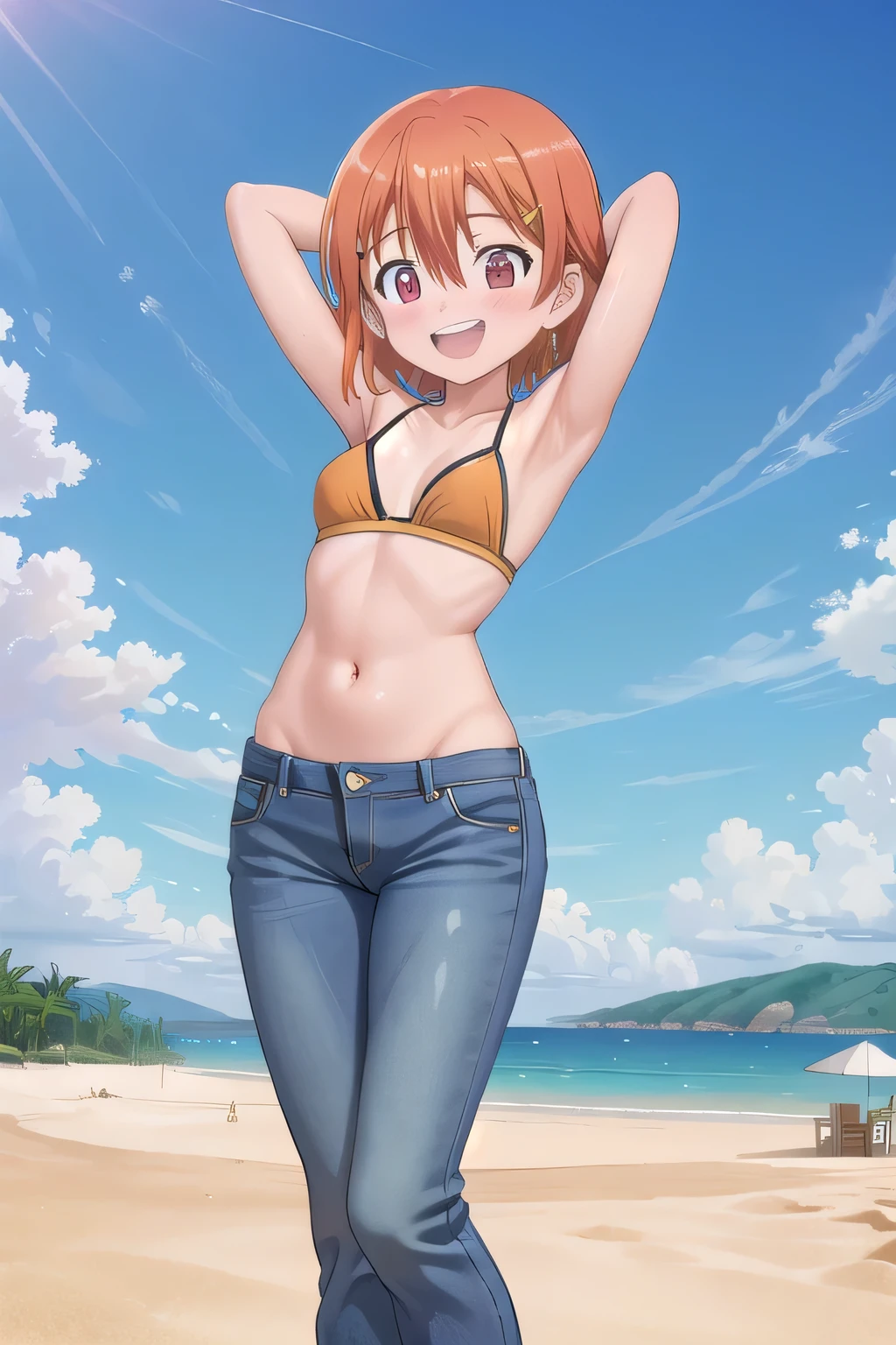 masterpiece,best quality,ultra detail,1girl, 14yo, petite, ((round face, ecstasy, orgasm face, drooping eyes, shame smiling, blush)), dropping eyes, sleepy, background((under the beach, (day:1.2), under sand beach, bright sky)), takenouchi_sora, short hair, orange hair, red eyes, arms behind head, contrapposto, spread armpits, looking at viewer,, Yellow bikini bra, (jeans pants:1.2, flares jeans:1.2, skinny jeans:1.2, blue jeans:1.2), standing, (legs spread:3:1), dynamic pose, Sweaty crotch, Steam from the crotch, Nice view, medium full body, barefeet