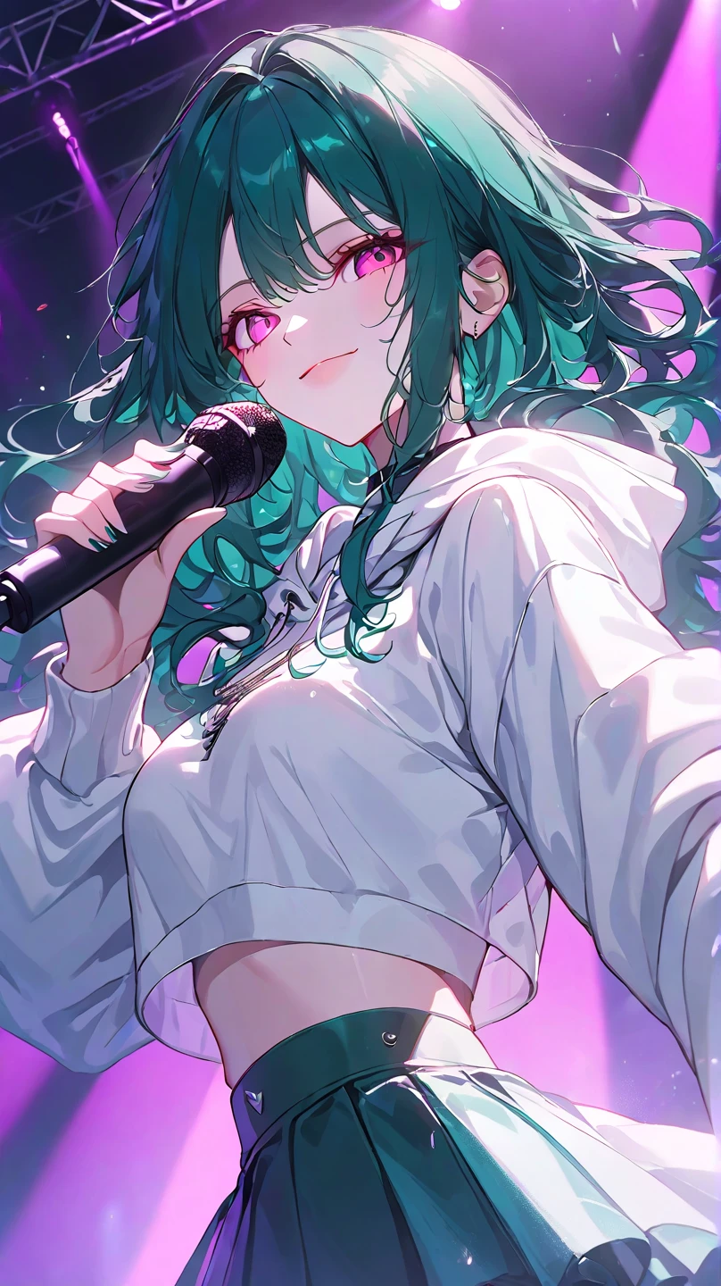 a woman with long wavy dark teal green hair, pink eyes, white hoodie crop top kpop outfit, stage, wink, concert, colorful lighting, smiling, holding mic