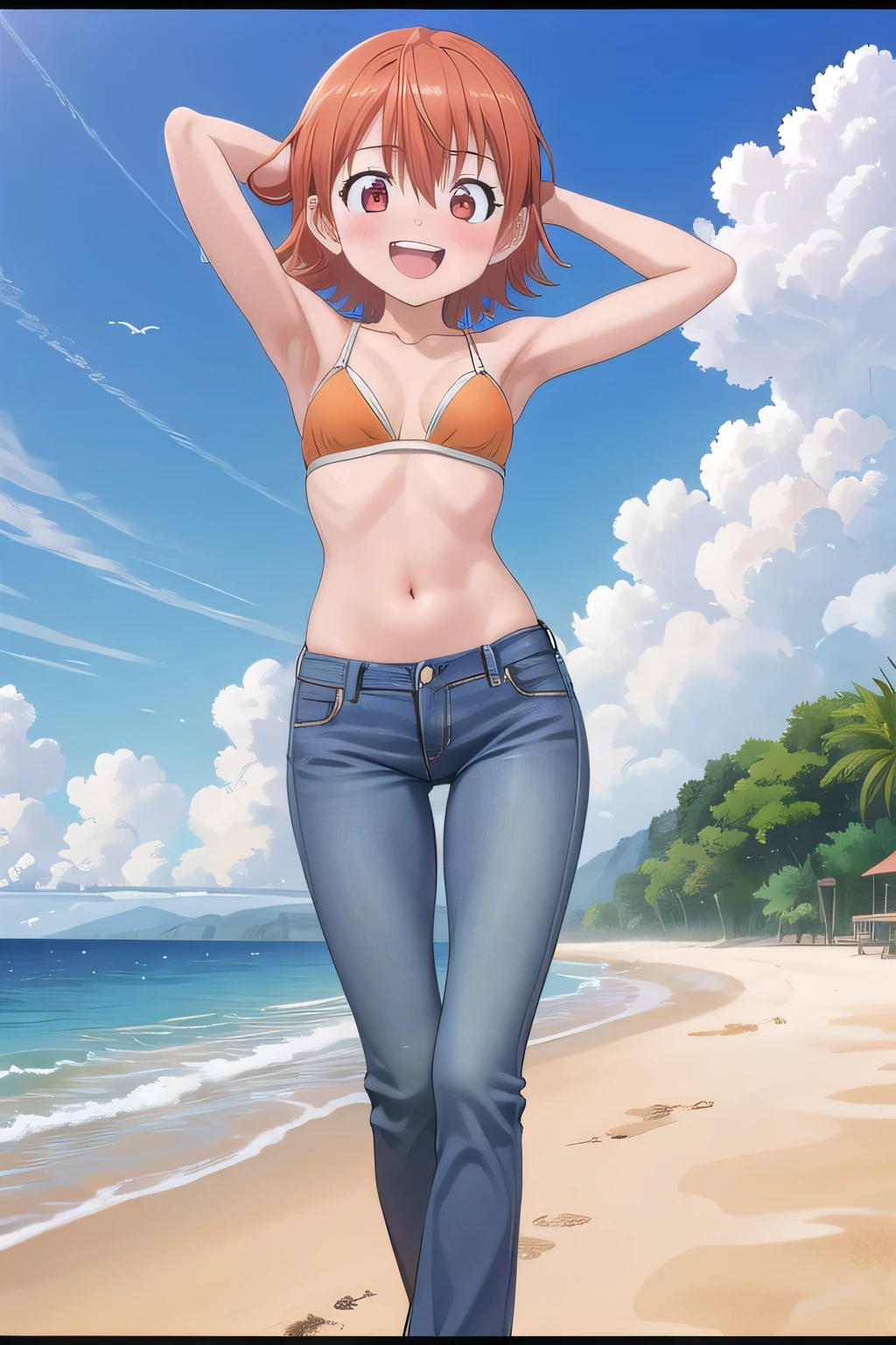 masterpiece,best quality,ultra detail,1girl, 14yo, petite, ((round face, ecstasy, orgasm face, drooping eyes, shame smiling, blush)), dropping eyes, sleepy, background((under the beach, (day:1.2), under sand beach, bright sky)), takenouchi_sora, short hair, orange hair, red eyes, arms behind head, contrapposto, spread armpits, looking at viewer,, Yellow bikini bra, (jeans pants:1.2, flares jeans:1.2, skinny jeans:1.2, blue jeans:1.2), standing, (legs spread:3:1), dynamic pose, Sweaty crotch, Steam from the crotch, Nice view, medium full body, barefeet