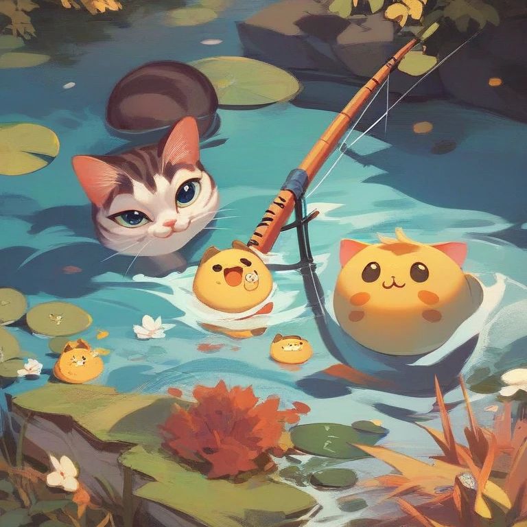 animal focus, no humans, nekoemoji, cat, fishing rod