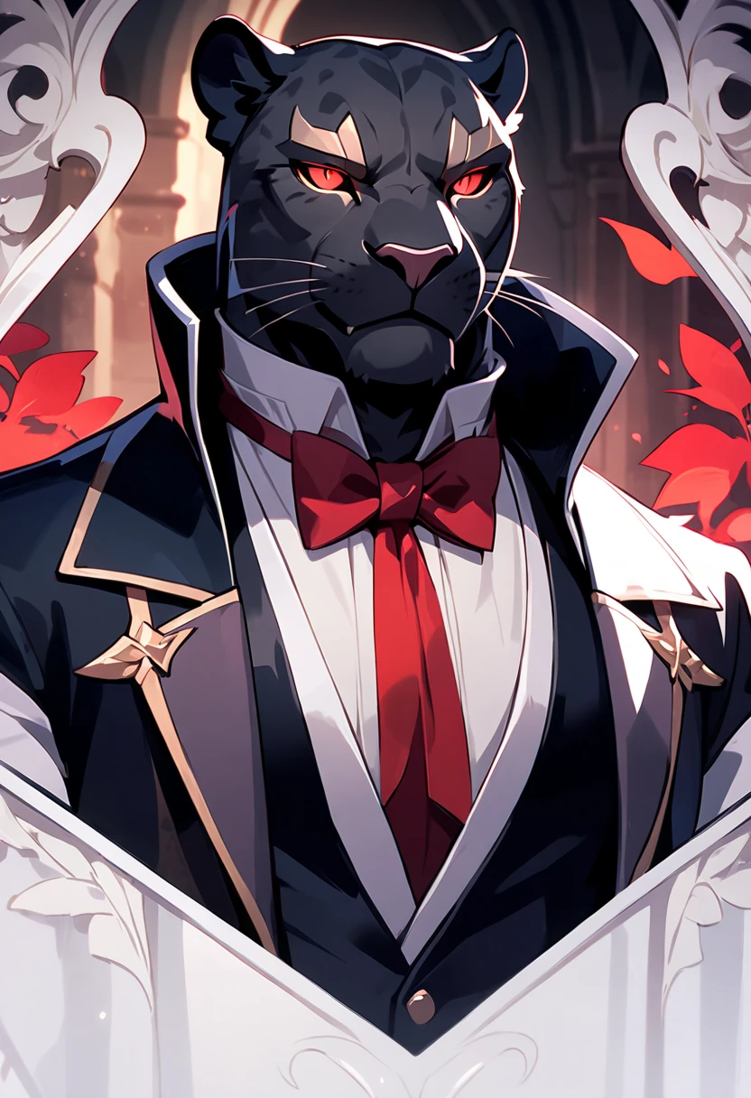 handsome anthropomorphic black panther with red glowing eyes wearing a black suit with a bowtie, elegant, medieval fantasy vibes, light novel art, black pelt, detailed furry art, cool, sexy, masculine, black colored butler suit, evil smirk, arrogant, evil, demonic servant, superiority complex, evil smile, half-lidded gaze, lean and toned, portrait, sexy masculinity, young male panther. villain, detailed anime style