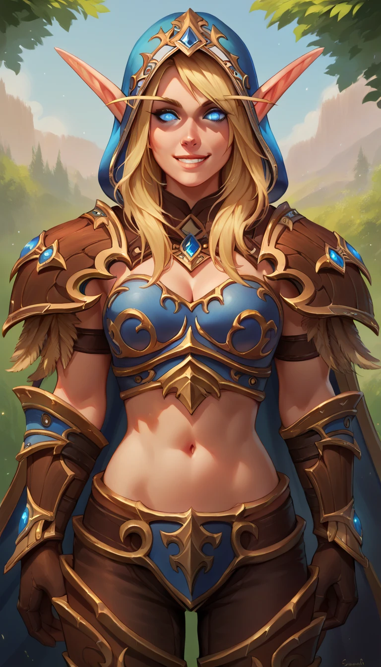 BREAK
 sylwingeneral, long hair, blue eyes, blonde hair, pointy ears, elf, brown eagle shaped shoulder armor, breastplate, hood, gloves, armor, midriff, cape, pants, looking at viewer, smile