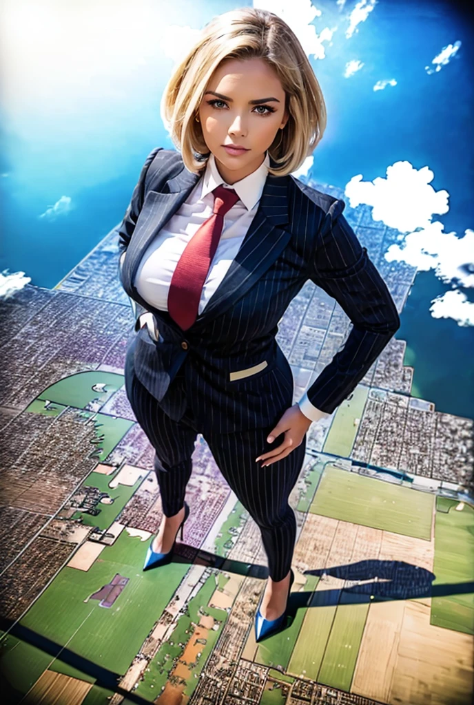 view from outer space of an approaching young giga giantess, Giantess art, 500 miles tall giga giantess, young sophisticated and stylish woman in a blue italian pinstriped trouser suit, form fitting crisp office shirt, and a large wide light blue necktie in a windsor knot, with a beautiful, curvaceous figure, large natural breasts, and short blonde hair, with a curvaceous figure and massive breasts. wearing blue rounded court high heels with uncovered feet and standing, rampage-like pose, with a city skyscrapers background of mega-city, skyscapers, partially obscured by a hazy, cloudy atmosphere. The image is a high-resolution, masterpiece-quality, cinematic, ultra-detailed, and hyper-photorealistic photograph, with perfect hands, face, and lighting. ultra-detailed, 8K, photo-realistic, hyper-realistic, masterpiece, intricate details, full body view. Looking at camera, The image is a high-resolution, masterpiece-quality, cinematic, ultra-detailed, and hyper-photorealistic photograph, with perfect hands, face, and lighting. ultra-detailed, 8K, photo-realistic, hyper-realistic, masterpiece, intricate details, from high above