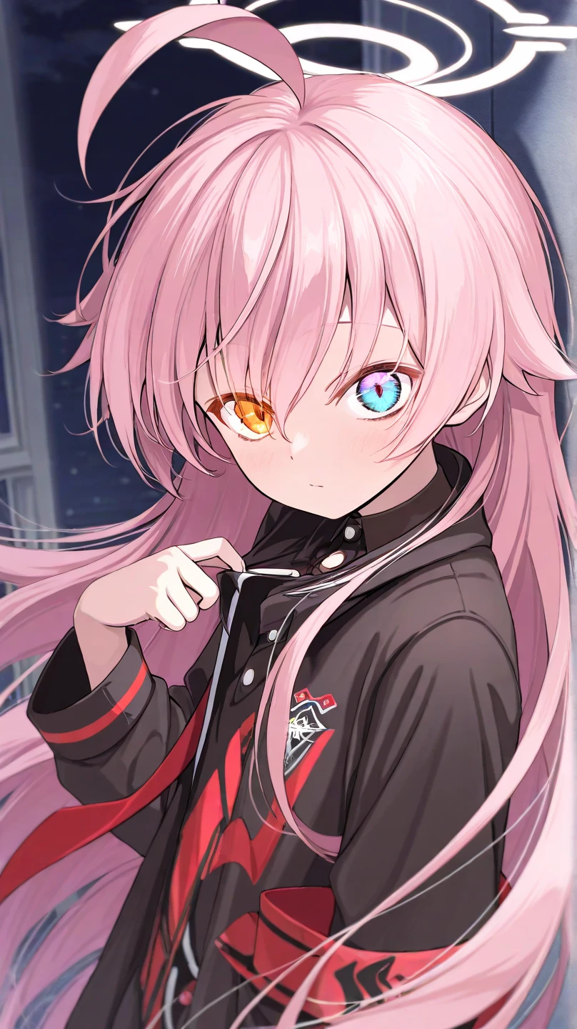 Adult Male，Tall building with flashing neon lights in the background，light pink colored hair，red eyes，curlies