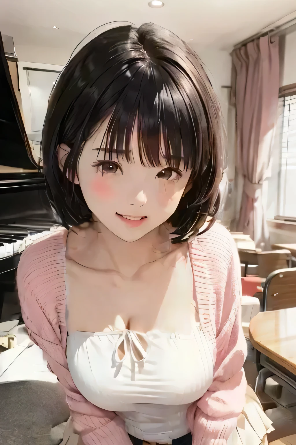 highest quality、Realistic、woman、student、zoom、cute、Grey Eyes、Light brown hair、short hair、T-Shirts、Blue mini skirt、Cafe Restaurant、smile、Please sit down、During meals