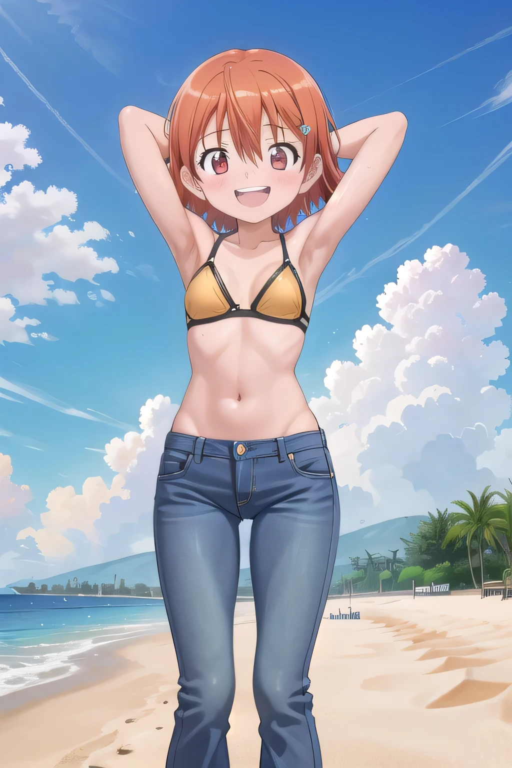 masterpiece,best quality,ultra detail,1girl, 14yo, petite, ((round face, ecstasy, orgasm face, drooping eyes, shame smiling, blush)), dropping eyes, sleepy, background((under the beach, (day:1.2), under sand beach, bright sky)), takenouchi_sora, short hair, orange hair, red eyes, arms behind head, contrapposto, spread armpits, looking at viewer,, Yellow bikini bra, (jeans pants:1.2, flares jeans:1.2, skinny jeans:1.2, blue jeans:1.2), standing, (legs spread:3:1), dynamic pose, Sweaty crotch, Steam from the crotch, from below, full body