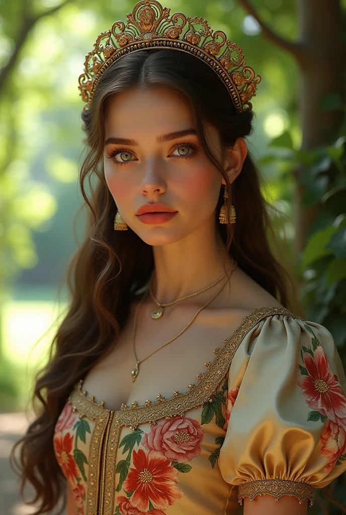 (  Absurdly , high quality , Super detailed ) ,( Handcrafted details ) , One girl, alone, mature, Very long hair, Sunflower Hair , Beautiful crystal eyes ( Eye details ) Baroque, necklace, Long dress, Long sleeve, elegant, colorful, Most detailed, Upper Body , With the river and sunflowers