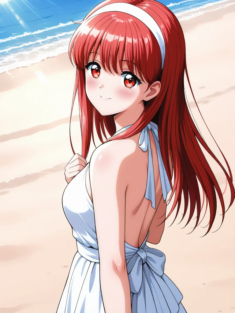 masterpiece, best quality,FujisakiShiori, 1girl, solo, long hair, red hair, red eyes, breasts, hairband, smile, happy, blush, Backless Dress, white dress, A beach bathed in sunlight filtering through the trees, cinematic angle,