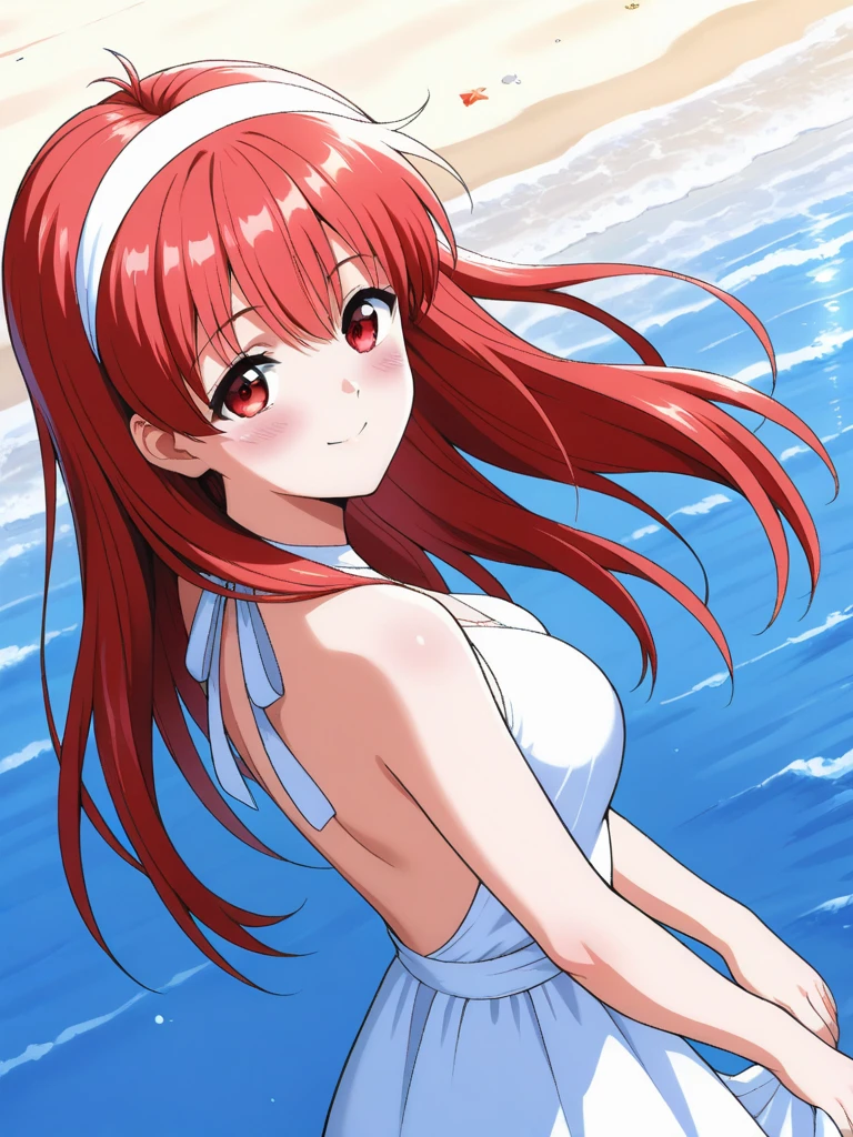 masterpiece, best quality,FujisakiShiori, 1girl, solo, long hair, red hair, red eyes, breasts, hairband, smile, happy, blush, Backless Dress, white dress, A beach bathed in sunlight filtering through the trees, cinematic angle,