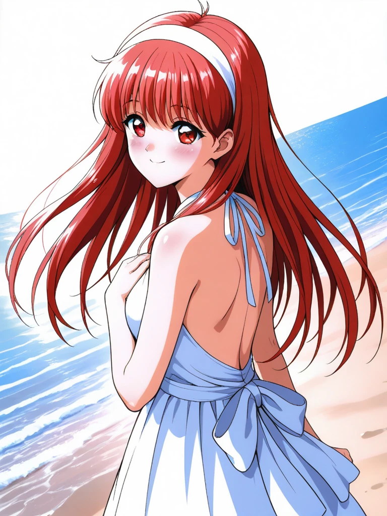 masterpiece, best quality,FujisakiShiori, 1girl, solo, long hair, red hair, red eyes, breasts, hairband, smile, happy, blush, Backless Dress, white dress, A beach bathed in sunlight filtering through the trees, cinematic angle,