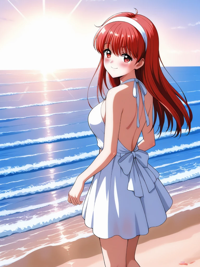 masterpiece, best quality,FujisakiShiori, 1girl, solo, long hair, red hair, red eyes, breasts, hairband, smile, happy, blush, Backless Dress, white dress, A beach bathed in sunlight filtering through the trees, cinematic angle,