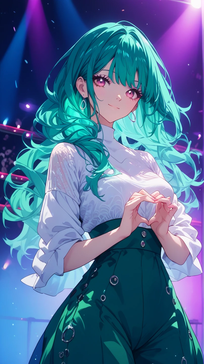 a woman with long wavy dark teal green hair, pink eyes, white crop top kpop outfit, silver earings, stage, concert, colorful lighting, smiling, holding mic, finger heart