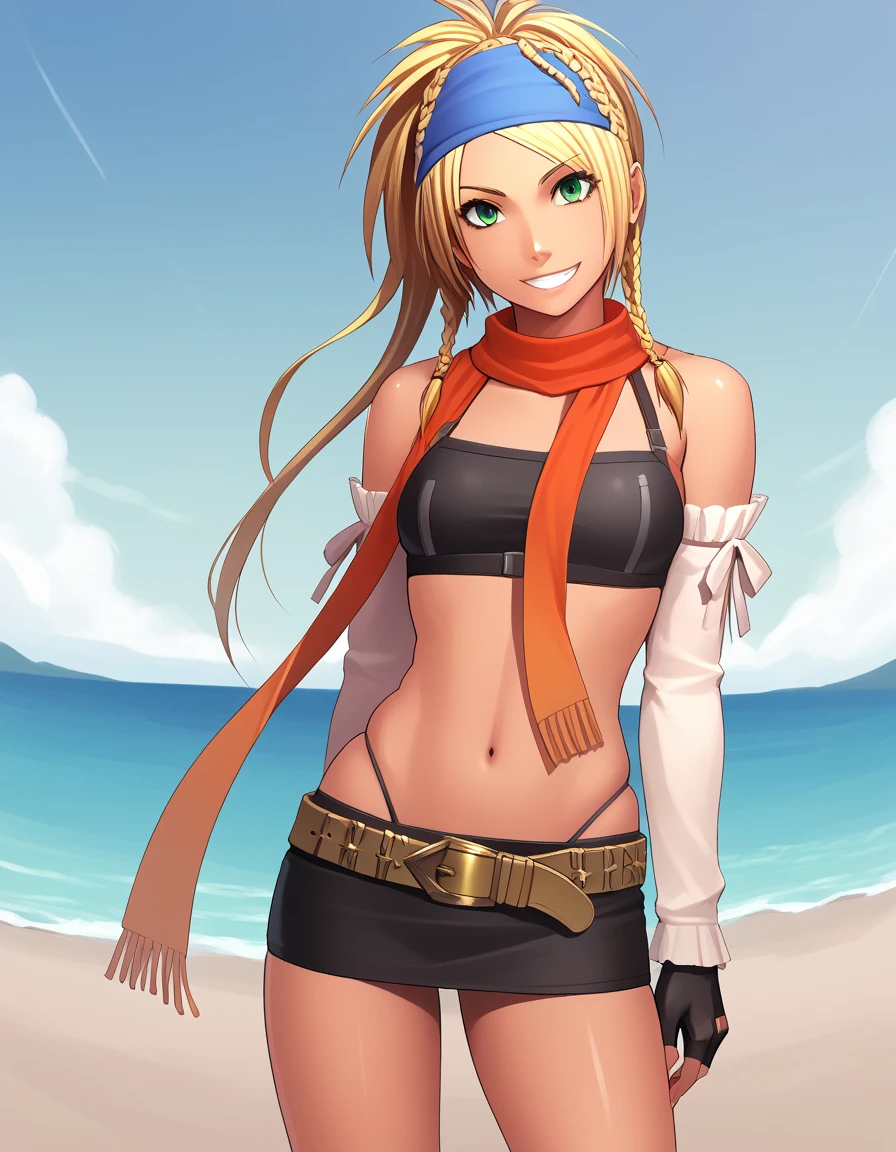 BREAK score_9, score_8_up, score_7_up, source_anime, BREAK 1girl, ffrikku, blonde hair, braid, green eyes, long hair, headband, bare shoulders, belt, bikini, detached sleeves, fingerless gloves, gloves, headband, miniskirt, panties, scarf, skirt, swimsuit, thong, underwear, BREAK outdoors, beach, BREAK 1girl, smile, looking at viewer, cowboy shot, dutch angle,