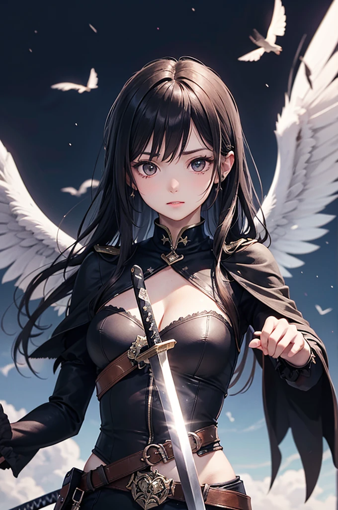 highest quality、cinematic lighting、Woman warrior、Black robe、Black attire、Black wings、Long sword、Long Japan sword、Flame background、Rubble battlefield、