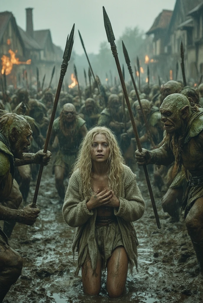 spring, Full-length beautiful girl,( 1girl:1.3), medieval themes,  high resolution, ultra-detailed ,   ((all characters are visible in the frame)): ((picture, , we see most of the burning village square ,  roe disgusting fat nasty short pumped up green armed spears surrounded the girl,  spears are directed towards the girl ,  two more goblins are tearing the girl's clothes, exposing her beautiful body , in the square in the village center, ,  around in horror, locals run from monsters ,  in the center of the action, the tired and exhausted girl is all dirty and wet ,  in a dirty old sweater and a shabby short skirt ),  a young girl with curly hair that is long to the ass ,  sexy body , the girl is absolutely wet and dirty from the rain, snow-white curly pubic hair,  Charming ass , the Girl's face shows the horror , fear,  disgust , tiredness and tears,  the girl's hands are folded in place pressed to her chest , girl begs for mercy ,  and the girl herself is kneeling in the mud with her legs wide apart sitting on her ass .  Two goblins tear off her clothes in the pouring rain ,  1 A little goblin beats a girl with a terrible smile . ( high image quality ), (( focusing on the subtle details and atmosphere of the scene))