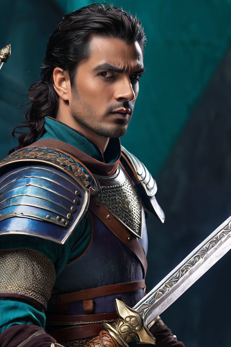 Dark-haired male character (ethnicity:1.1), (age:1.1), in medieval-style armor (detailed clothing:1.2), wielding a golden sword (accessories:1.1),  with dark-brown gauntlets (detailed clothing:1.2), a serious expression (expression:1.2), and a focused gaze (facial features:1.3).  He’s wearing dark steel plate armor with intricate details (detailed clothing:1.2), a dark-blue tunic underneath.  Posing mid-attack, arms bent, blade held ready, facing slightly to viewer's right (pose:1.2, orientation:1.2). Located in the center of the image.  The background is a gradient from a dark purple to a teal-green, creating a dramatic contrast.  The lighting emphasizes the character's features.  The character's posture highlights intensity. The style is stylized, reminiscent of video game character art, a vibrant, exaggerated visual style (cartoon style). Photorealistic quality,  digital art, video game character portrait.  Detailed shading.