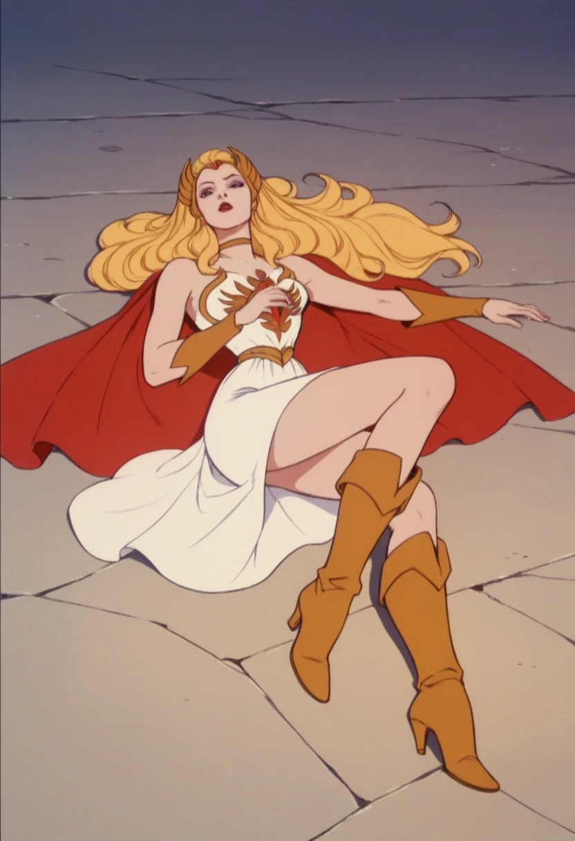 score_9, score_8_up, score_7_up, score_6_up, BREAK, 1girl,   she-r4, blonde hair, long hair, cape, white dress, bare shoulders, retro artstyle, makeup, red lips, golden boots, lying on ground.