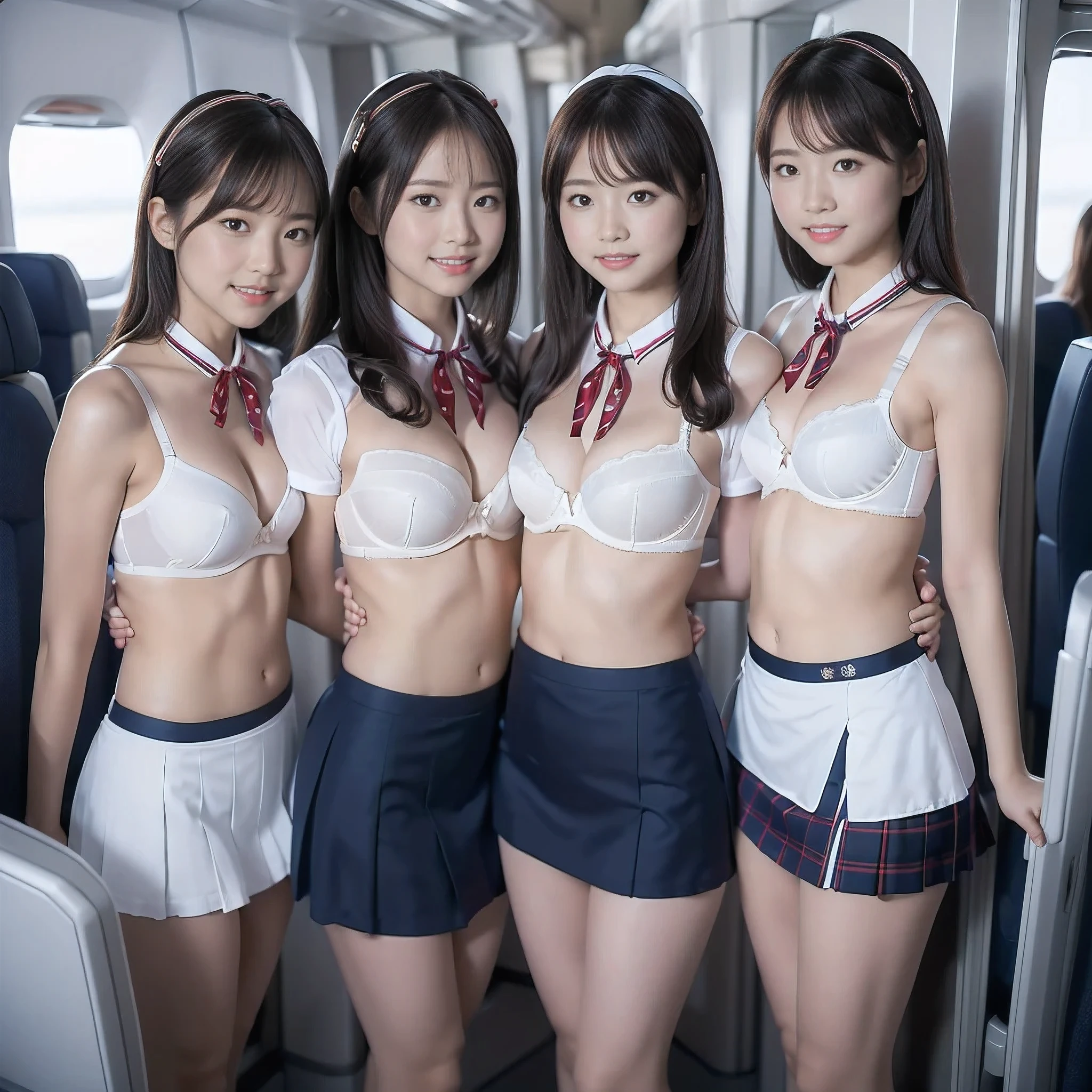 (4k quality, top quality, high quality), (masterpiece, realistic), (background simple, on plane), (subject centered, symmetrical), (on plane, three girls group, standing), ((flight attendant, ribbon neck, bra, micro mini skirt, skirt lift, panties showing)), (((All dressed the same)))