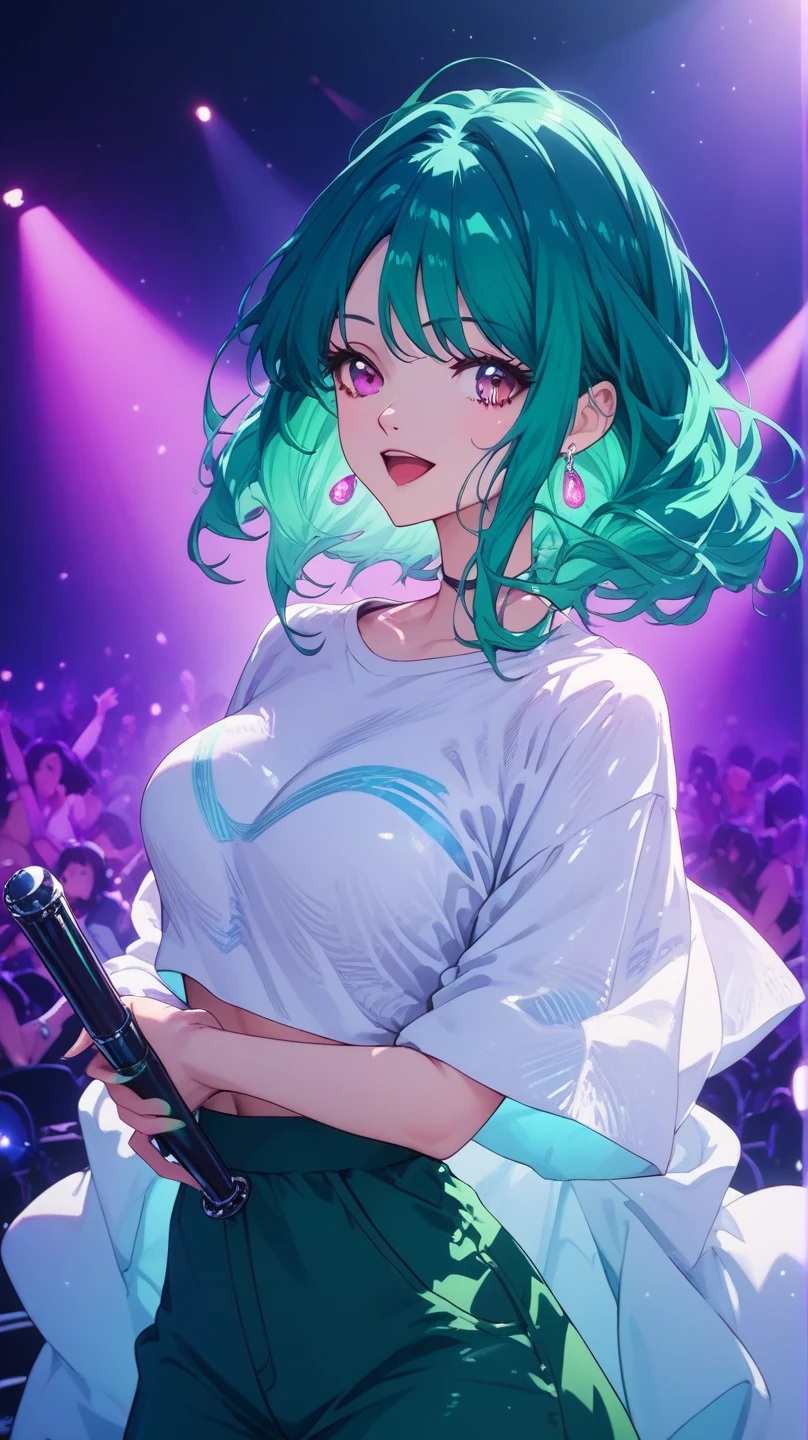 a woman with long wavy dark teal green hair, pink eyes, white crop top kpop outfit, silver earings, stage, concert, singing, colorful lighting, smiling, holding mic, bend over