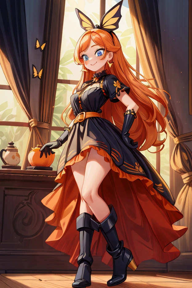 "Masterpiece, best quality, 1 girl, orange long hair, loose hair, blue eyes, standing indoors with intricate details and sunlight. black and yellow frilled dress with short neckline, black gloves, black butterfly belt, earrings, black boots. Sweet smile, sexy pose, coquette, beautiful legs, mature body, gorgeous, pronounced breasts