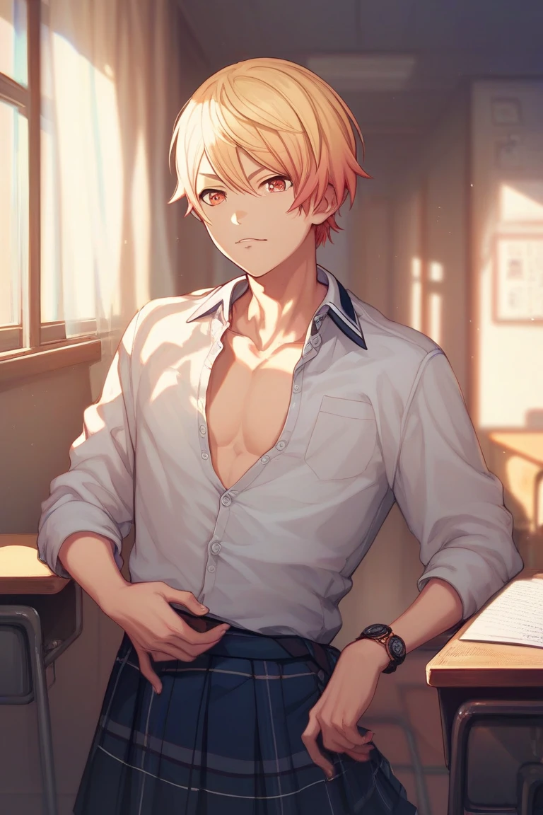 profile background, anime boy, serious face, blond hair, cyan eyes, gym body, detailed eyes and face, white shirt with a kanji in the middle, sitting on the sofa, in the living room, high-res portrait, character, fantasy, 4K, high resolution