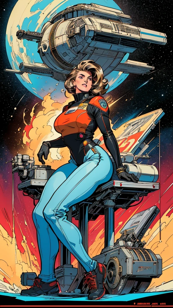 1950s retro comic, scifi, slender hot blonde space girl (realistic proportions), tight jumpsuit, cleavage, she looks at the camera, background: tentacled monster