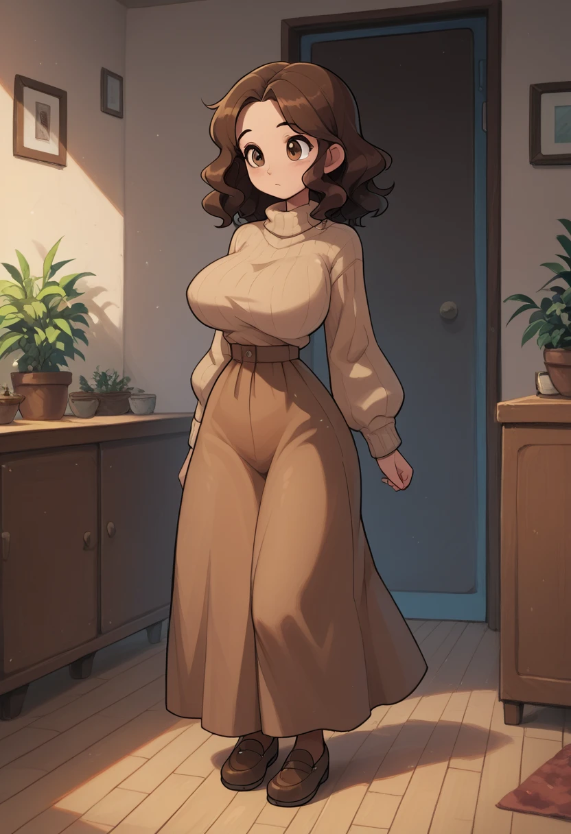 Solo, Young woman, medium length hair, brown hair, brown eyes, wavy hair, huge breasts, wide hips, (thin skinny waist) light brown sweater, dark brown skirt, loose sweater, long skirt, brown pantyhose, brown shoes, indoors