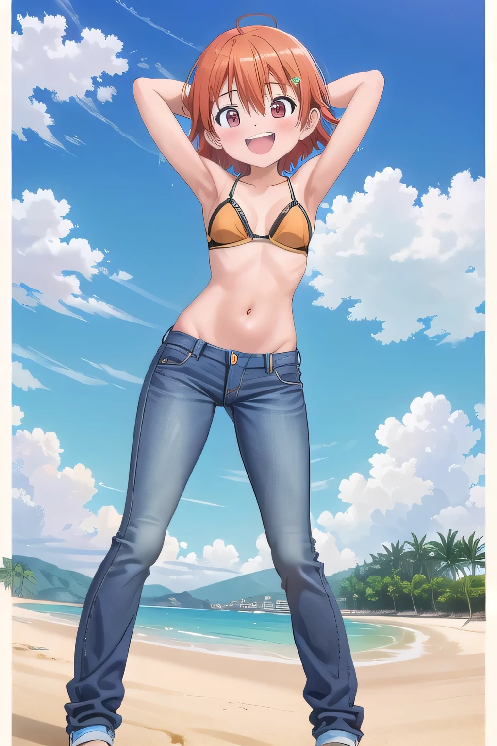 masterpiece,best quality,ultra detail,1girl, **yo, ***ite, ((round face, ecstasy, orgasm face, drooping eyes, shame smiling, blush)), dropping eyes, sleepy, background((under the beach, (day:1.2), under sand beach, bright sky)), takenouchi_sora, short hair, orange hair, red eyes, arms behind head, contrapposto, spread armpits, looking at viewer,, Yellow bikini bra, (jeans pants:1.2, flares jeans:1.2, skinny jeans:1.2, blue jeans:1.2), standing, (legs spread:3:1), dynamic pose, Sweaty crotch, Steam from the crotch, from below, full body