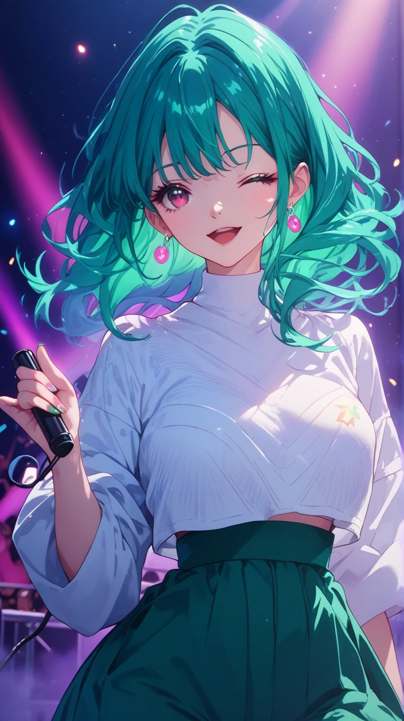 a woman with long wavy dark teal green hair, pink eyes, white crop top kpop outfit, silver earings, stage, concert, wink, singing, colorful lighting, smiling, drop low