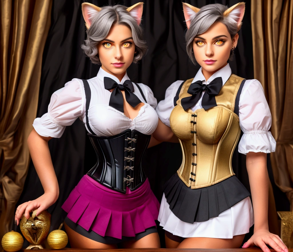 girls,  with gray hair , short haired,  scissors ,  small breasts , ornamento de pelo de gato, Sides,  with gray hair ,  shiny hair , uniform, ( golden eyes: 1.2), (Two long triangular extensions on the skirt , corset vest on the belly), white corset buttons , (  folded cat hair ornament for the table with short sleeves under the vest and corset), (the sleeves end closer to the arms), (thick black ribbon around the neck), ( short magenta skirt),