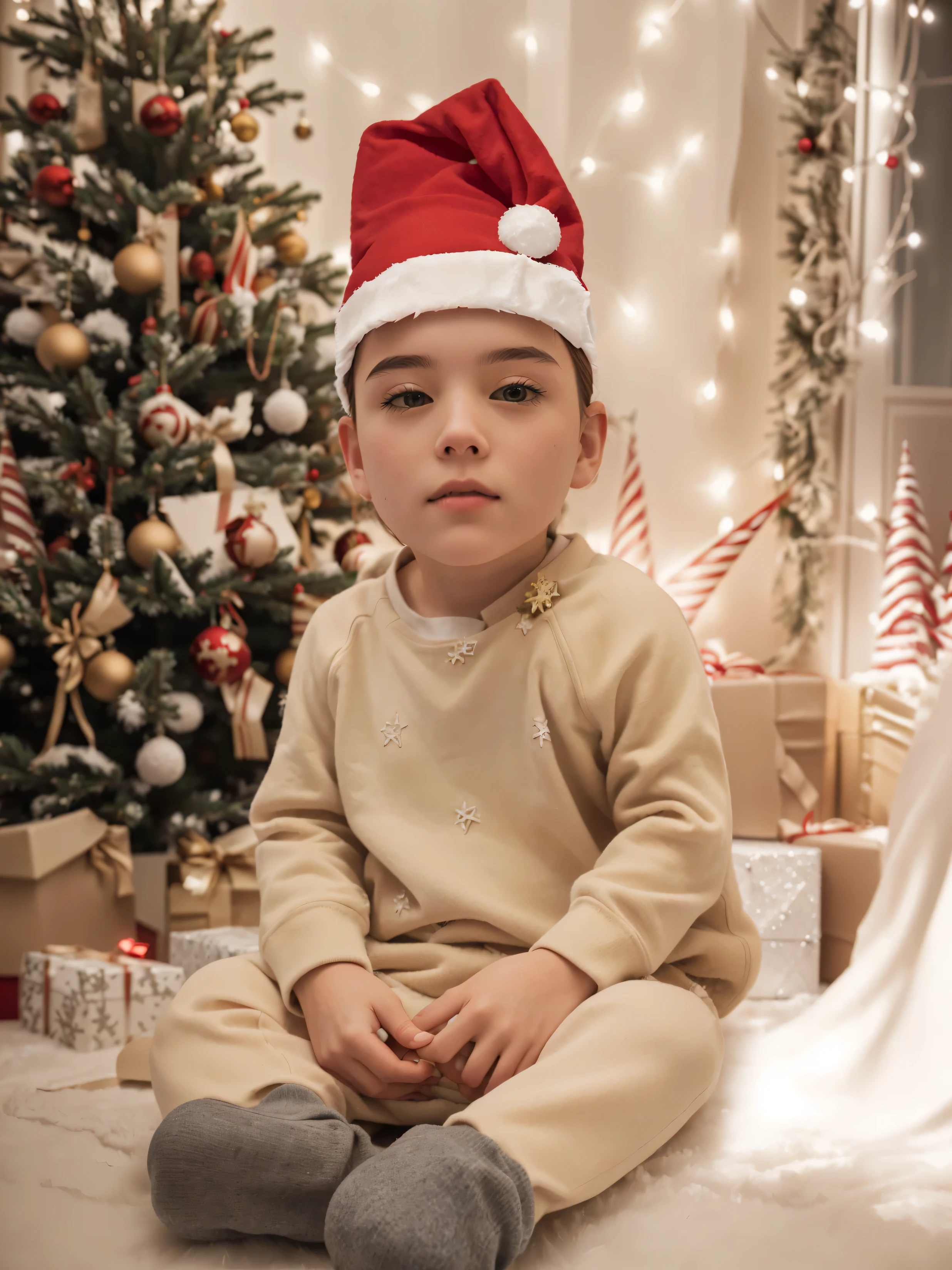 there is a child in a Santa hat lying on a white blanket, In festive clothes, adorable, Close-up charming, nikolay, portrait shot, portrait photography, cute boy, nikolay, Charming design, portait image, Festive atmosphere, close - up photo, Post on Reddit, wearing a Santa Claus hat, inspired by Ernest William Christmas, f / 3, Photos from the album, adorable!!!