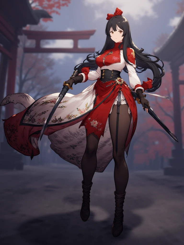 fullbody character art of a beautiful anime woman with long dark hair. she wears sleek yet modest flower-themed samurai clothing and wields two different katanas.