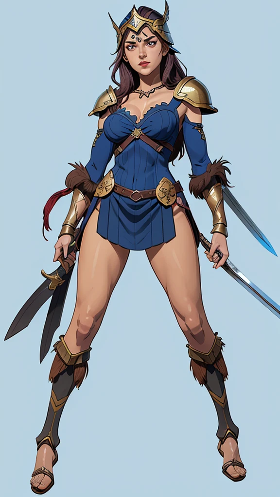 a woman with a sword and a helmet and a blue background, valkyrie style character, fantasy d&d character, north female warrior, north adult female warrior, high quality character design, female viking, a very beautiful berserker woman, fantasy character design, highly detailed character design, realistic character concept art, d & d fantasy character, amazing 8k character concept art