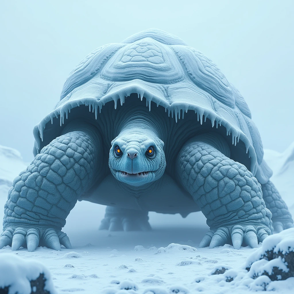 (best quality,4k,8k,highres,masterpiece:1.2),ultra-detailed,realistic:1.37,turtle with a massive snowy mountain as its back, spiky mountain shell, powerfully lifting the mountain, heavy snowfall, majestic aura, snowy landscape, surreal winter scene, colossal creature, immense strength, intricate details on the turtle's shell, breathtaking snowy peaks, freezing air, serene and quiet surroundings, snow-covered trees, crisp and clean texture, pristine white color palette, soft and diffused lighting, magical atmosphere