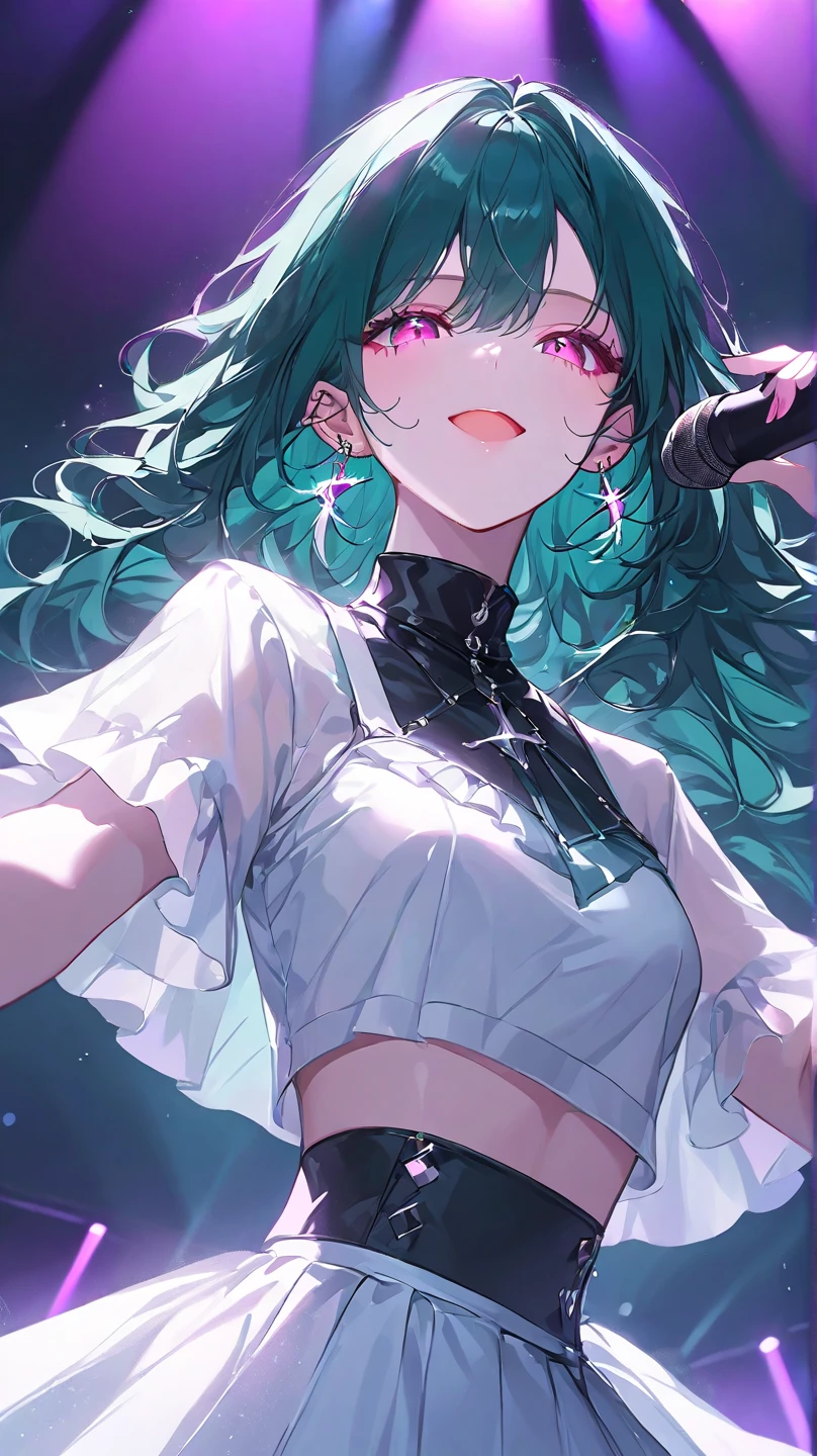 a woman with long wavy dark teal green hair, pink eyes, white crop top kpop outfit, silver earings, stage, concert, singing, colorful lighting, smiling, drop low