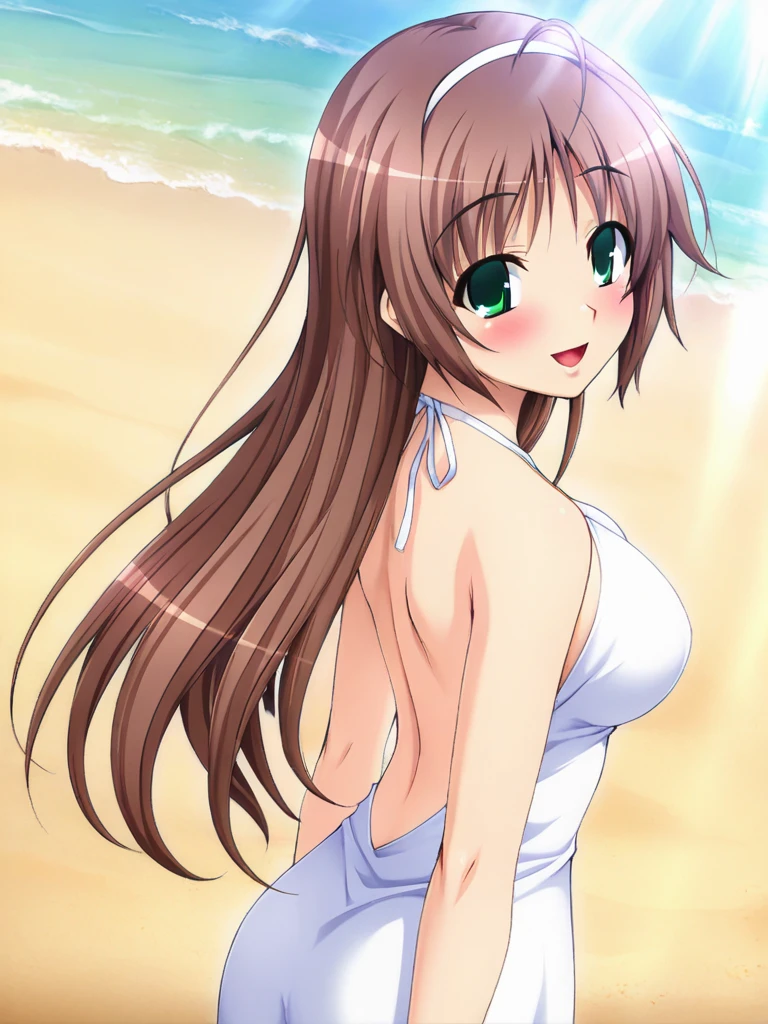 masterpiece, best quality, MomoseAyumu, 1girl, solo, long hair, brown hair, green eyes, large breasts, hairband, ahoge, smile, happy, blush, Backless Dress, white dress, A beach bathed in sunlight filtering through the trees, cinematic angle,