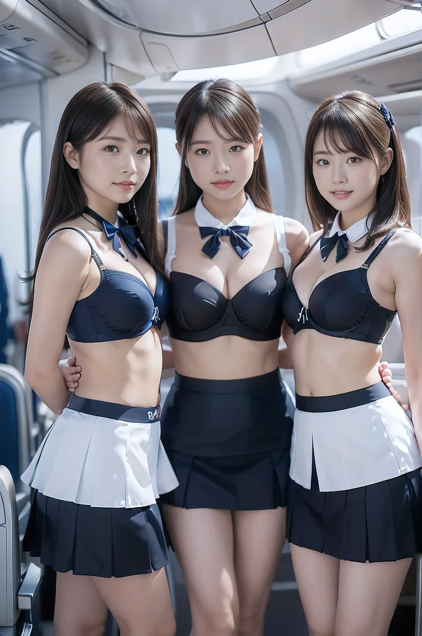 (4k quality, top quality, high quality), (masterpiece, realistic), (background simple, on plane), (subject centered, symmetrical), (on plane, three girls group, standing), ((flight attendant, ribbon neck, bra, micro mini skirt, skirt lift, panties showing)), (((All dressed the same)))