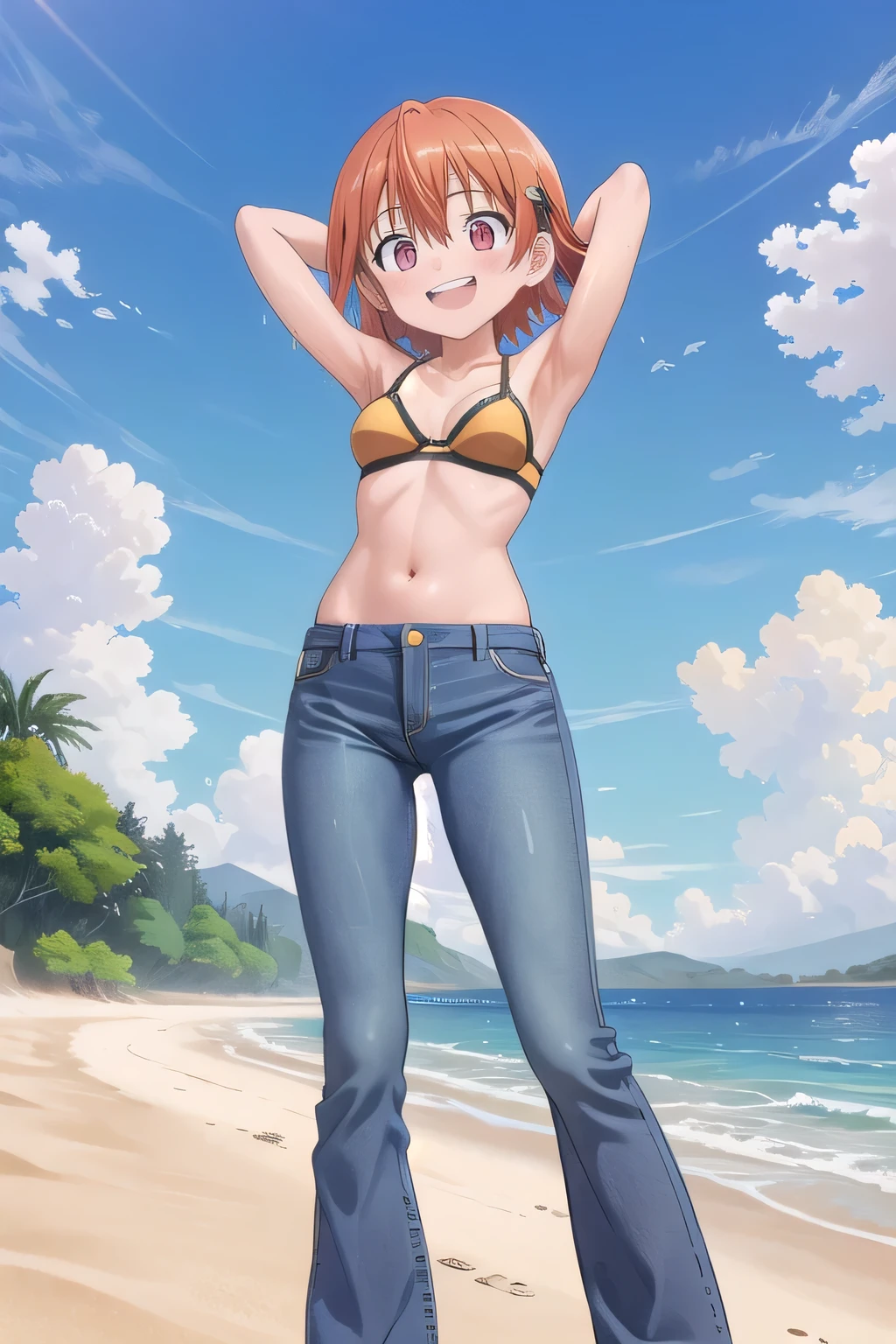 masterpiece,best quality,ultra detail,1girl, yo, pee, ((round face, ecstasy, orgasm face, drooping eyes, shame smiling, blush)), dropping eyes, sleepy, background((under the beach, (day:1.2), under sand beach, bright sky)), takenouchi_sora, short hair, orange hair, red eyes, arms behind head, contrapposto, spread armpits, looking at viewer,, Yellow bikini bra, (jeans pants:1.2, flares jeans:1.2, skinny jeans:1.2, blue jeans:1.2), standing, (legs spread:3:1), dynamic pose, Sweaty crotch, Steam from the crotch, from below, full body