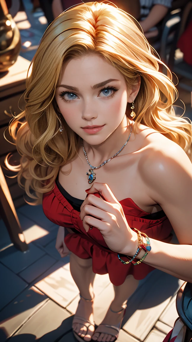((最high qualiy, 8k, work of art: 1.3, ultra HD, high qualiy, 最high qualiy, high resolution, 真实感)) 、An extremely beautiful 22 year old white woman、blonde hair color、blue eye hair、slickedback hair、ssmile、slenderbody, but well proportioned、background blur((Depth of field))、Aerial perspective((atmospheric perspective))、I want my head to be off the screen、Wear wrist accessories、Put an ankle bracelet on your ankle、Using red nail polish、I have a peticure、Disney((Disney))rapunzel、long blonde hair、Wear a dress with wide shoulders、ssmile