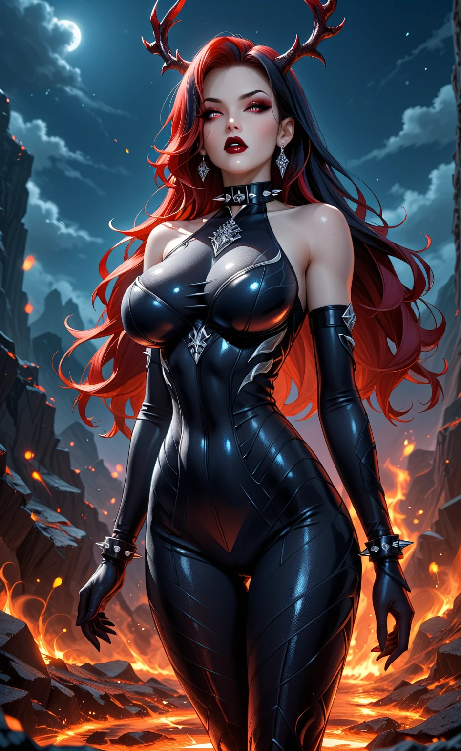 score_9, score_8_up, score_7_up, solo, 2 demoness, Expressiveh, source_anime, masterpiece, masterpiece, demoness, Lady Death, sharp demon antlers, full body, woman, monster girl, ((scaled skin, reptile skin:1.3)), ear piercing, earrings, spiked collar, scales, spiked bracers, sinozickexpressaiu, ExpressiveH, sassy, heart, long black hair with red streaks with bangs, red highlights, closed mouth,((orgasm face)) reptilian skin, tattered aerogel transparent Bodysuit, transparent aerogel Bodysuit, BARE SHOULDERS, ral-argl, aerogel bodysuit, black lipstick, black eyeshadow, thick eyelashes, choker with spikes, legs spread wide open, thigh high boots, black spiked gloves, busty fake saggy breasts, thin waist, curvy hips, attractive face, dynamic motion, epic pose, black gloves, black platform boots, spiked bracelet, white eyes, full body, apocalyptic landscape, dark night, lava, fire, flames, dutch angle camera tilt, looking at viewer, turned on, mischievous, aroused, standing, legs spread wide open, (dynamic angle, three-quarters view)