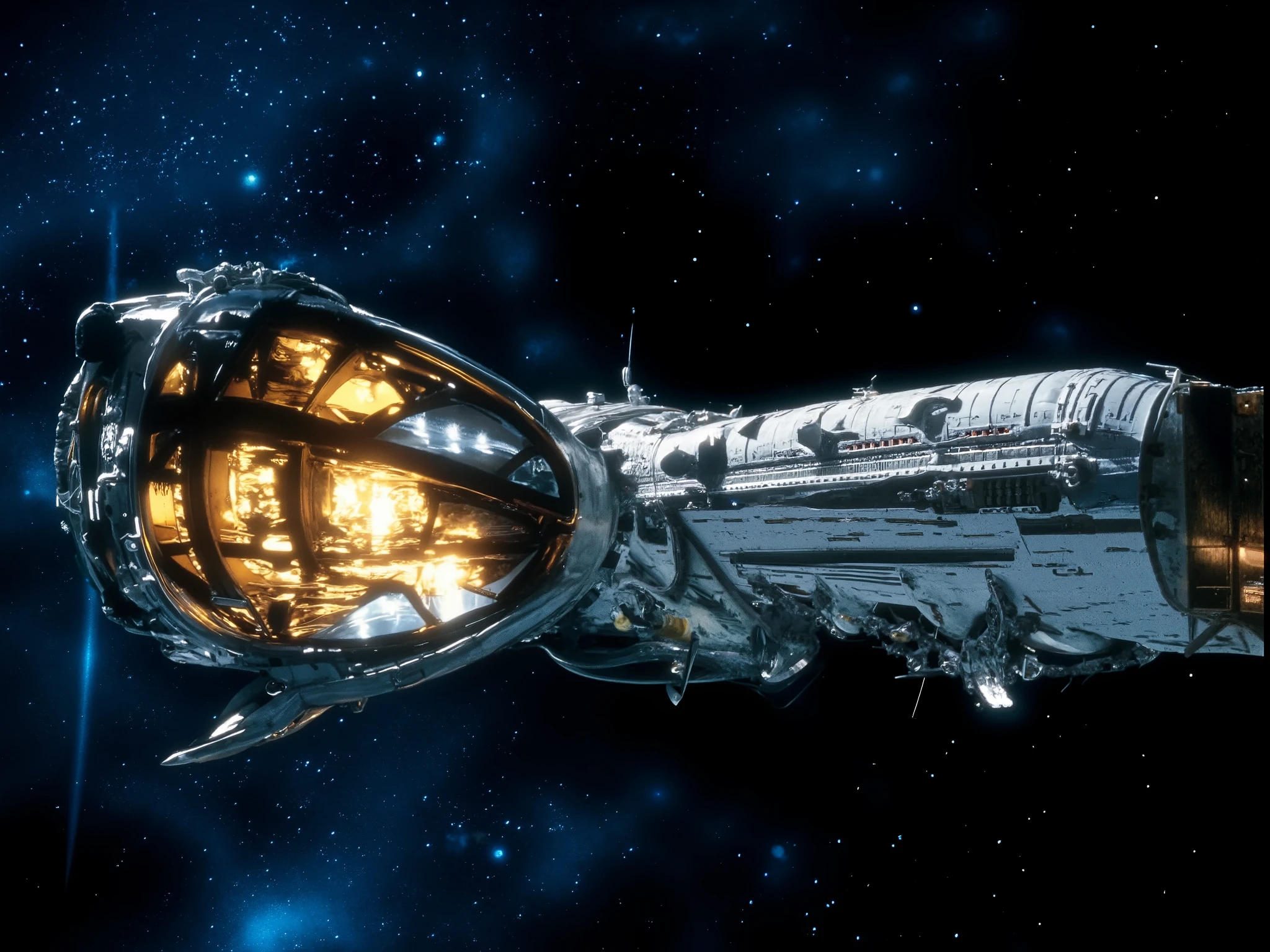 A massive, futuristic spaceship captured in the timeless style of Super Panavision 70. The ship features an intricate, cylindrical design with glowing golden lights emanating from large segmented windows. Its surface is a smooth, pristine white with metallic accents and panels detailed with rivets, pipes, and antennas. Solar panels and smaller docking modules extend from its sides, adding depth and complexity to its structure. The backdrop reveals the infinite cosmos, a vivid starfield of deep blues and shimmering whites. The ship glides effortlessly, its glowing lights casting a warm reflection on its polished surface, creating a striking contrast with the cold, dark void of space. In Super Panavision 70 Technicolor Film style In Super Panavision 70 Film style, vintage film skin tone color, classic film skin tone color, Kodak film skin tone color, Fujifilm skin tone color, Todd-AO film style, 70 mm film prints, vistavision style, Technicolor film style, Kodak Eastman 100T 5247 film style, Ultra Panavision 70 film style, Super Panavision 70 Film style