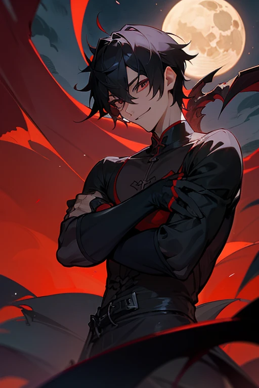 1male , Serious Expression , Black Tribal Markings on face , Black Hair , Red Markings around eyes , Black Cloak , White Collared Shirt , Happy Expression , Adult Male , Modern Undercut Hair , Perfect Generation , Lean Muscular