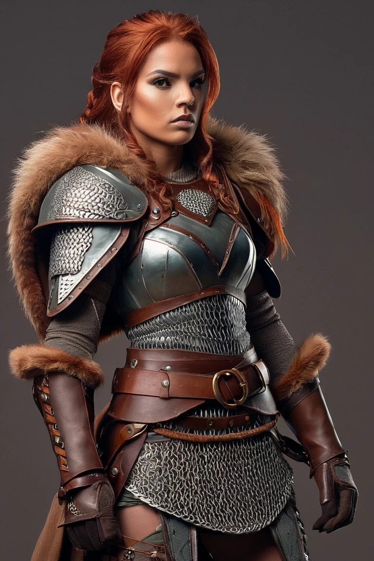 Female warrior character, (ethnicity:1.1), (age:1.2), (detailed clothing:1.2),  (accessories:1.2), (facial features:1.2), (expression:1.2), (body type:1.2), (pose:1.1),  red hair,  (detailed hair:1.2),  standing pose,  (arms:1.1),  (legs:1.1),  (chest:1.1)  in profile view facing slightly toward the right,  wearing chainmail armor and fur cape,  (detailed chainmail:1.2), (detailed fur:1.1),   (detailed leather boots:1.1), brown leather belt, (eyes:1.2),  raised fist,  centered in the composition, two-tone color palette (dark, gray backgrounds with various shades of brown for armor, and light shades of skin tone),  bold outlines,  cartoon style,  digital illustration, flat colors,  video game character,  (detailed skin texture:1.1) , medium perspective, simple background.