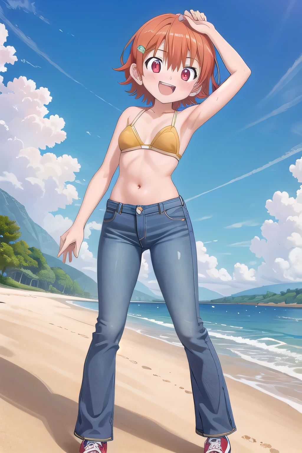 masterpiece,best quality,ultra detail,1girl, 14yo, petite, ((round face, ecstasy, orgasm face, drooping eyes, shame smiling, blush)), dropping eyes, sleepy, background((under the beach, (day:1.2), under sand beach, bright sky)), takenouchi_sora, short hair, orange hair, red eyes, arms behind head, contrapposto, spread armpits, looking at viewer,, Yellow bikini bra, (jeans pants:1.2, flares jeans:1.2, skinny jeans:1.2, blue jeans:1.2), standing, (legs spread:3:1), sex pose, orgasm, Sweaty crotch, Steam from the crotch, from below, full body