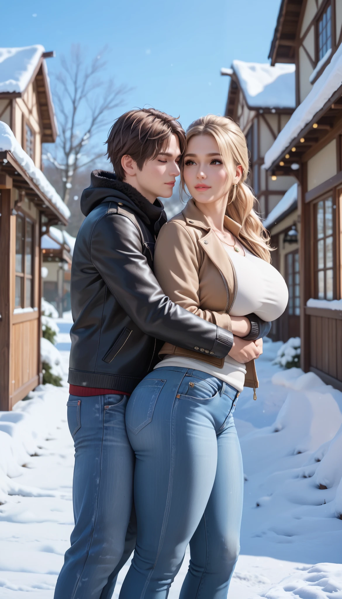 source realistic, Detailed, ((young boy, hugging from behind,under the snow)), Busty aunt, jacket, jeans,embrassed, big butt, plump,huge breast, masterpiece, anatomically correct, super detail, high details, high quality, best quality, highres, 8k
