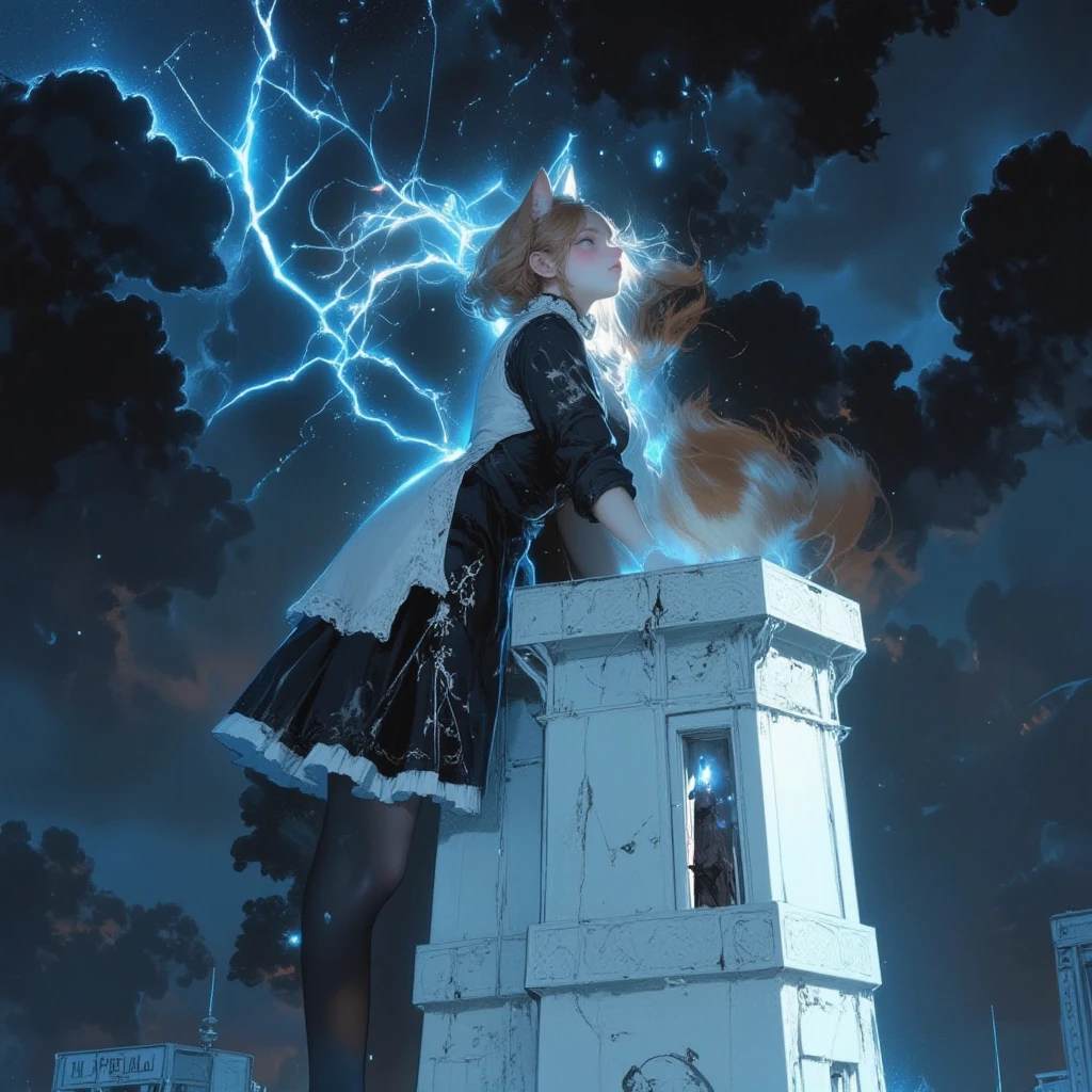 A chubby calico cat kneeling on one knee atop a white tower, concentrating its radiant aura. The sky is dark, illuminated by flashes of blue lightning, and heavy black clouds swirl ominously, creating a dark and foreboding atmosphere. The cat’s sharp, intense gaze adds to the dramatic tension, while its high-quality gothic apron with intricate embroidery contrasts with the grim surroundings.