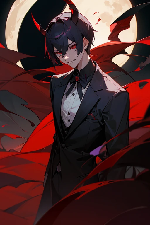 Bat wings, black tie, red spider lily, yellow eyelids, red makeup, young man, short black hair, black vest